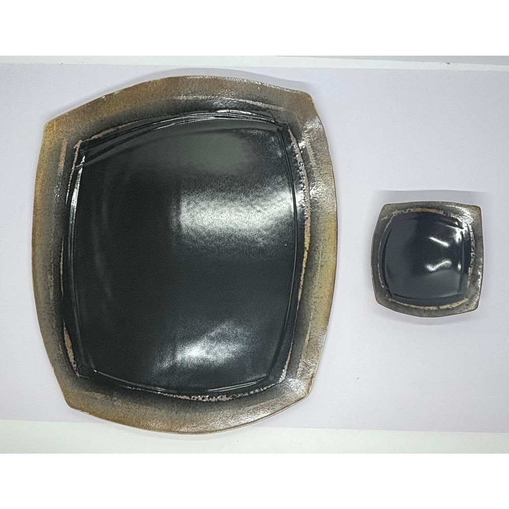 Studio Art Pottery Signed Chip and Dip Plate and Bowl Brown Black Shimmery